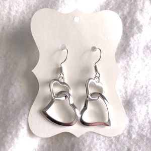 Double Heart Dangle Earrings in Silvertone
